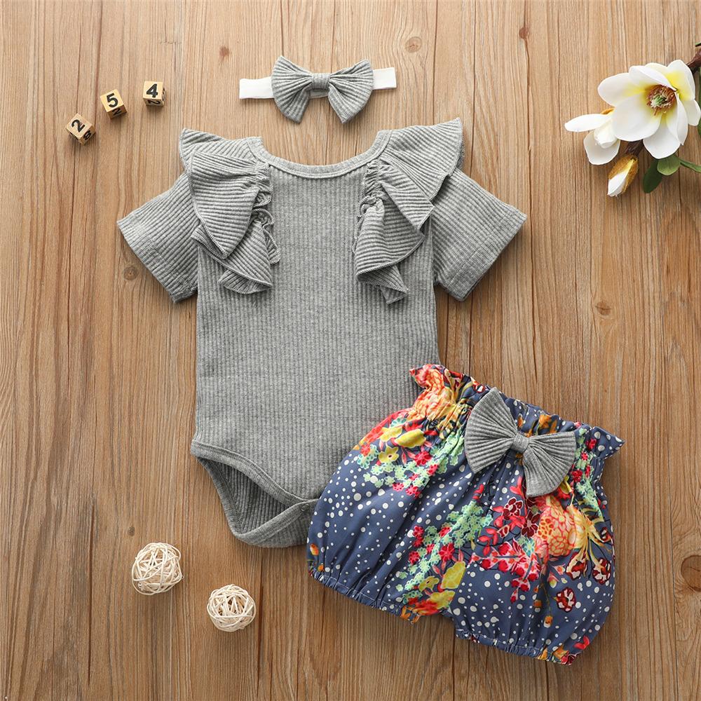 Baby Girls Ruffled Short Sleeve Gray Romper & Printed Shorts & Headband Wholesale Baby Clothes