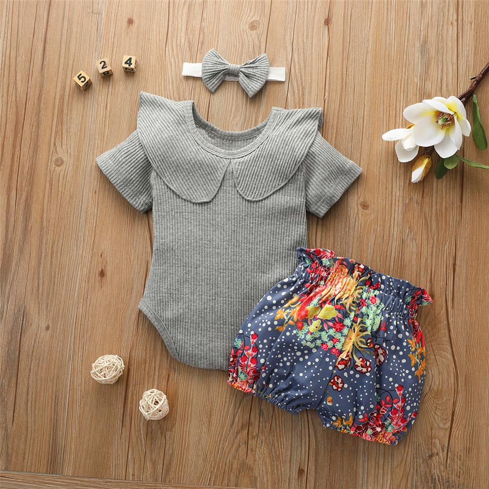 Baby Girls Ruffled Short Sleeve Gray Romper & Printed Shorts & Headband Wholesale Baby Clothes