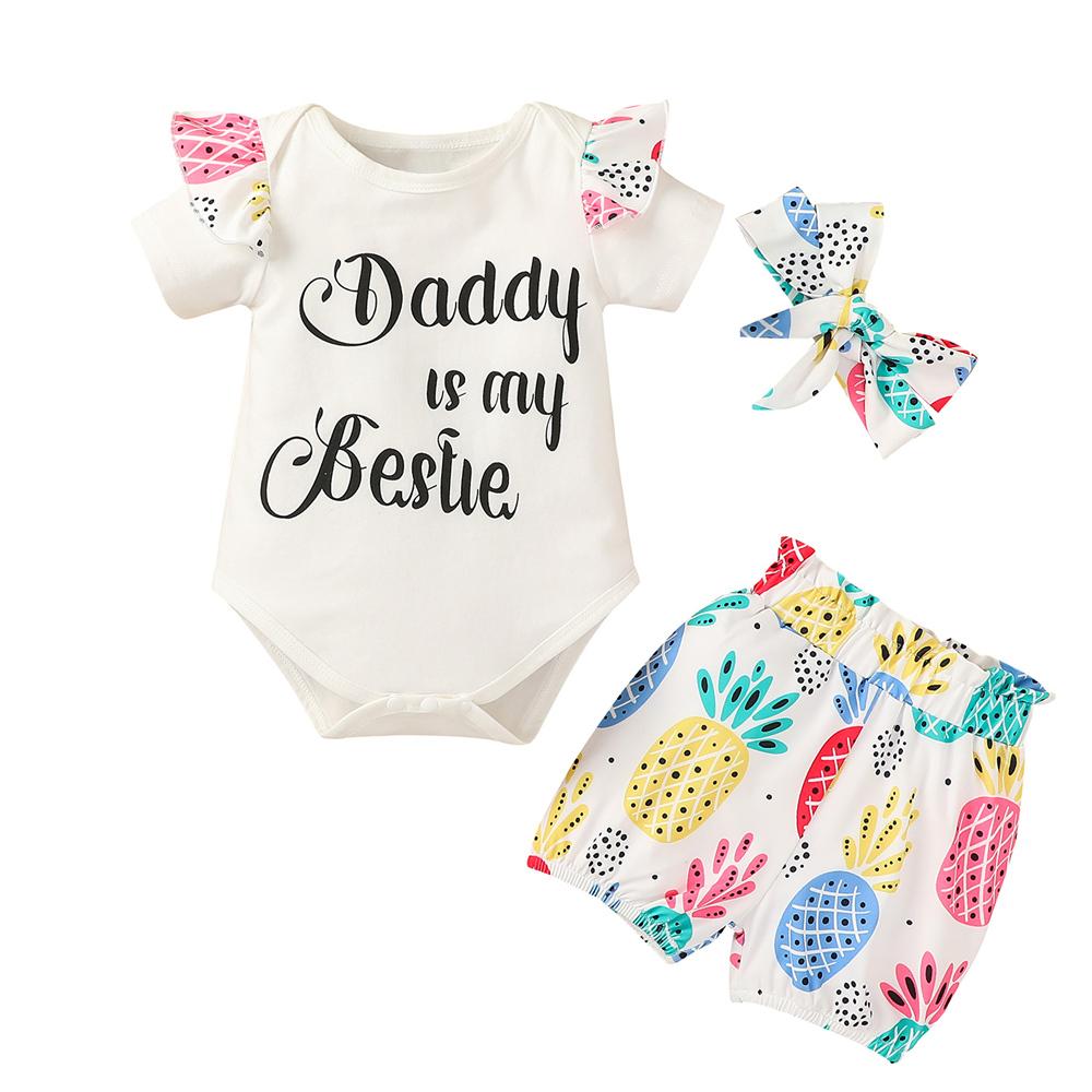 Baby Girls Ruffled Short Sleeve Letter Printed Romper & Fruit Shorts & Headband Wholesale Baby Clothing Suppliers