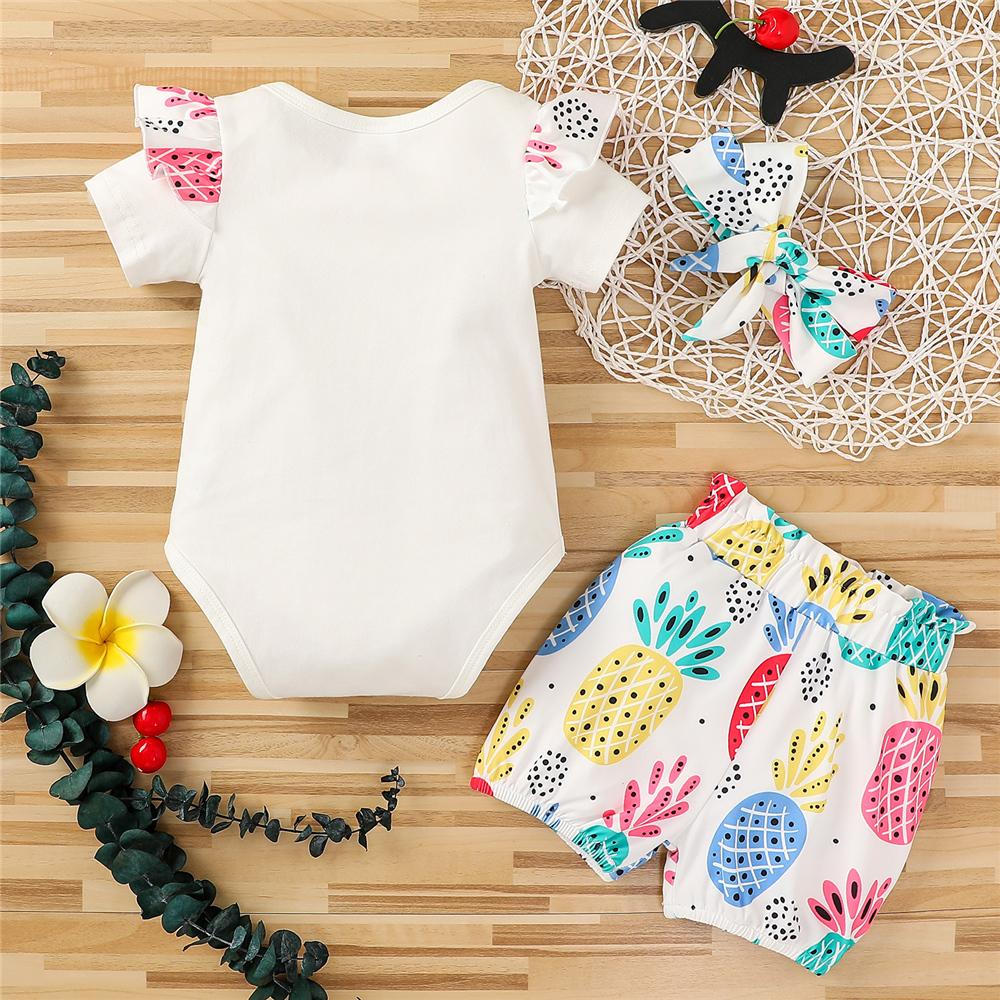 Baby Girls Ruffled Short Sleeve Letter Printed Romper & Fruit Shorts & Headband Wholesale Baby Clothing Suppliers