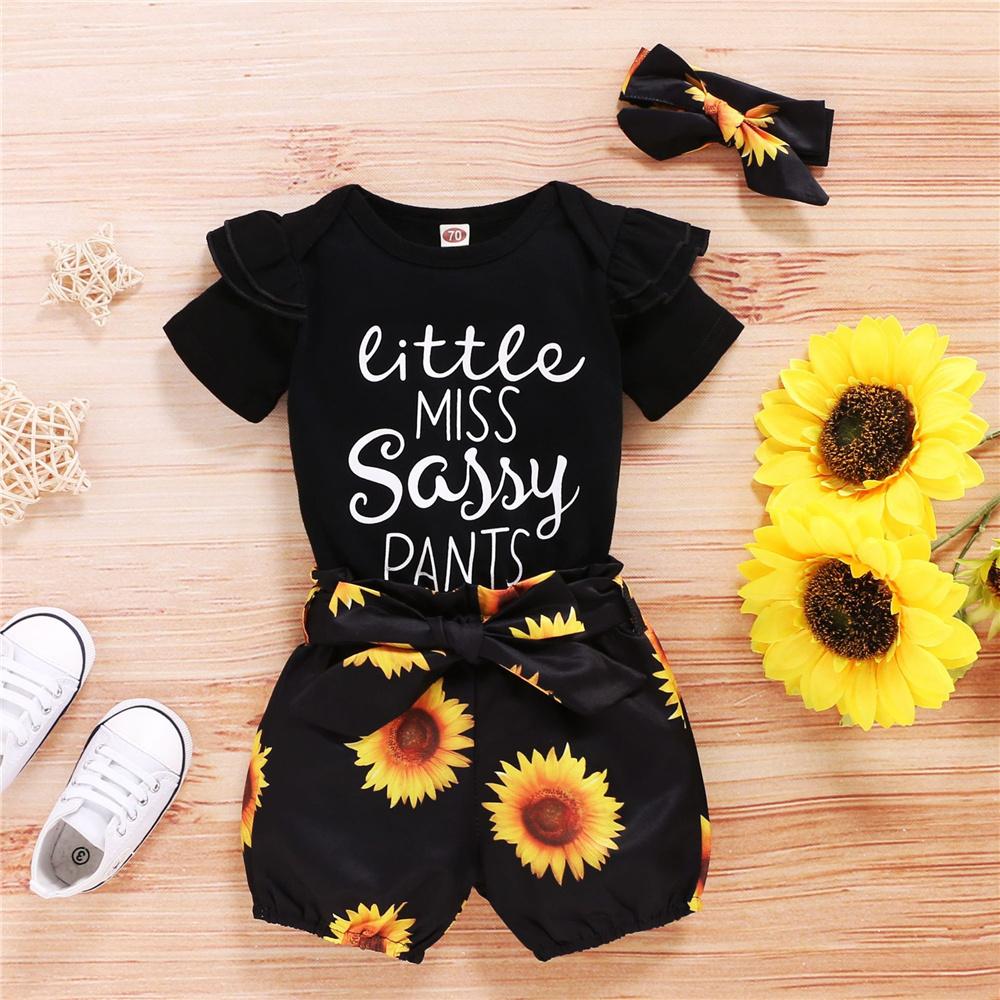 Baby Girls Ruffled Short Sleeve Letter Printed Romper & Sunflower Shorts & Headband cheap baby girl clothes boutique