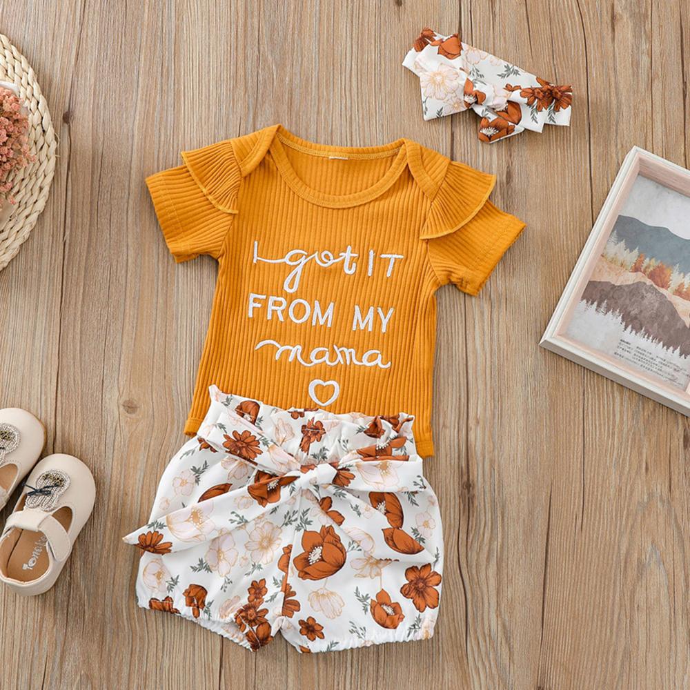 Baby Girls Ruffled Short Sleeve Letter Printed Romper & Flower Shorts & Headband Baby Clothes Wholesale