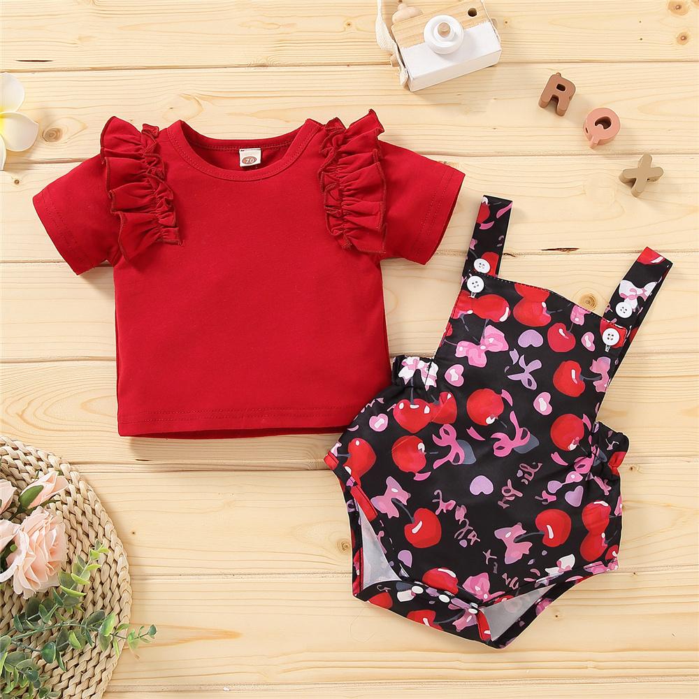 Baby Girls Ruffled Short Sleeve Red T-shirt & Fruit Printed Suspender Romper cheap baby girl clothes boutique