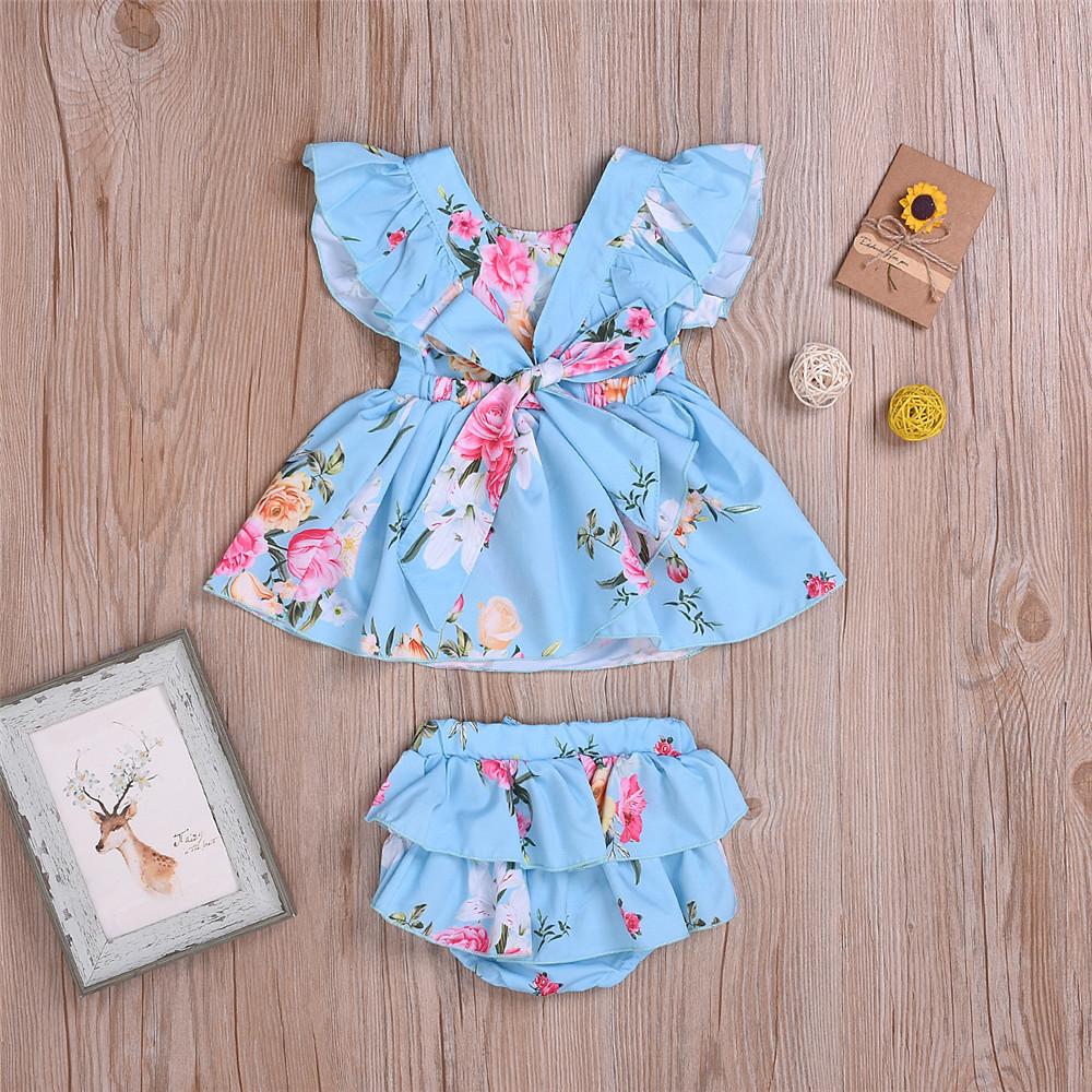 Baby Girls Ruffled Sleeve Floral Printed Top & Shorts Baby Clothes Cheap Wholesale