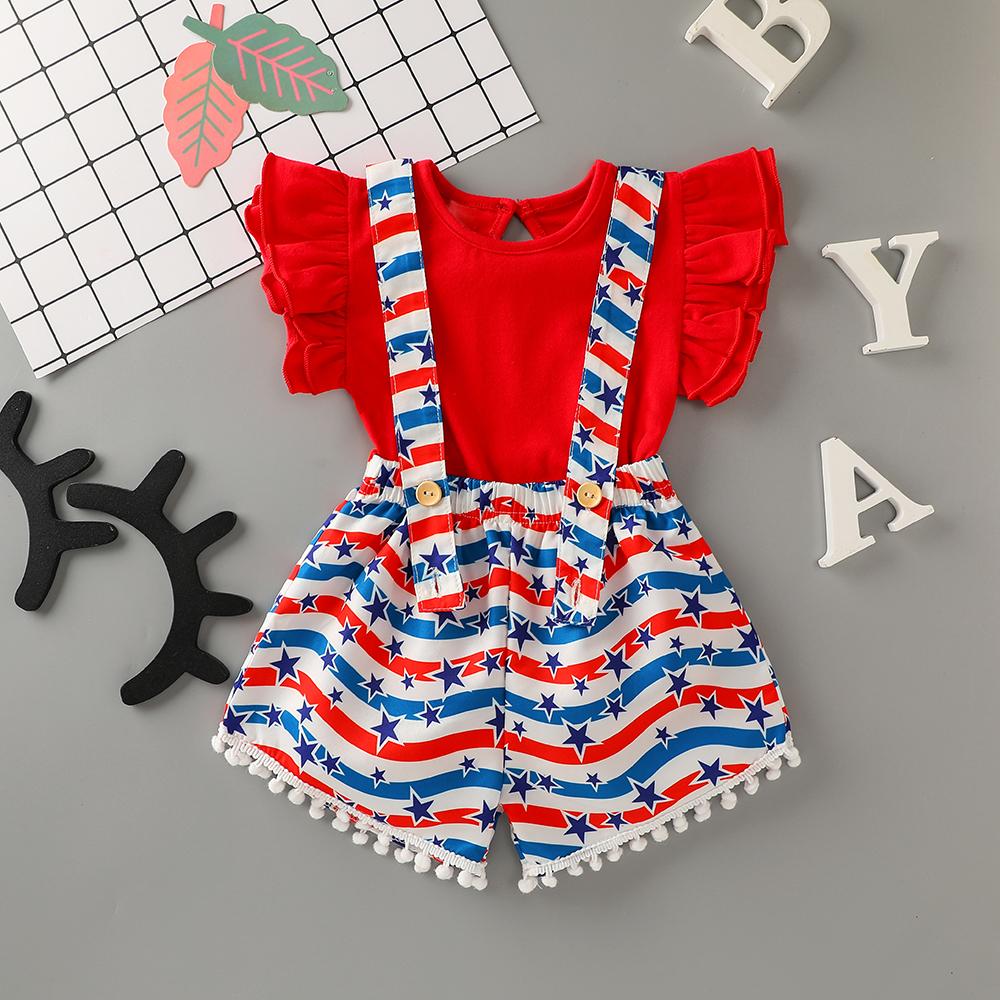 Baby Girls Ruffled Solid Romper & Striped Overalls bulk baby clothes