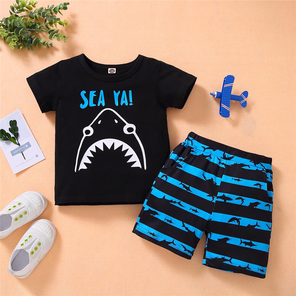 Boys Sea Ya Letter Shark Printed Short Sleeve Top & Striped Shorts Boys Summer Outfits