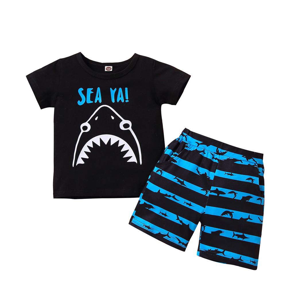 Boys Sea Ya Letter Shark Printed Short Sleeve Top & Striped Shorts Boys Summer Outfits