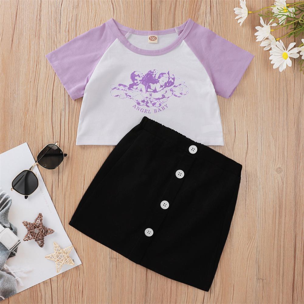 Girls Short Sleeve Angel Baby Cartoon Printed Top & Skirt wholesale toddler clothing
