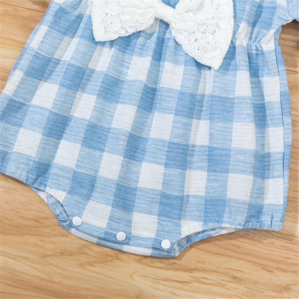 Baby Girls Short Sleeve Bow Decor Lovely Plaid Romper baby clothes vendors