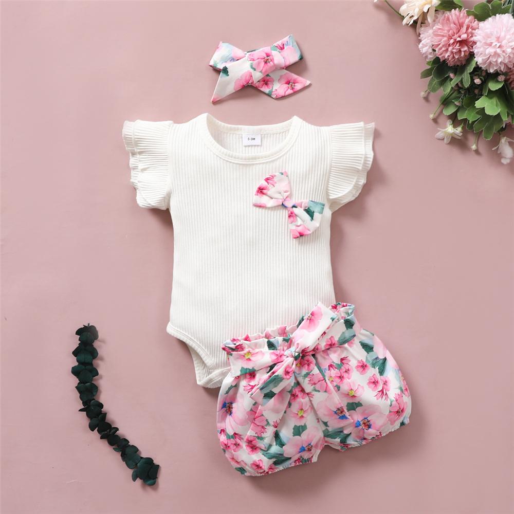 Baby Girls Short Sleeve Bow Decor Romper & Floral Printed Shorts & Headband Wholesale Baby Clothes