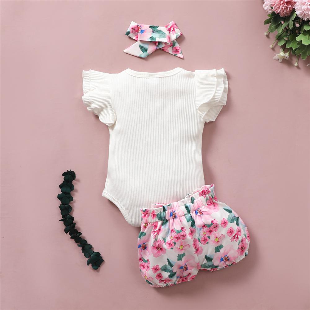 Baby Girls Short Sleeve Bow Decor Romper & Floral Printed Shorts & Headband Wholesale Baby Clothes