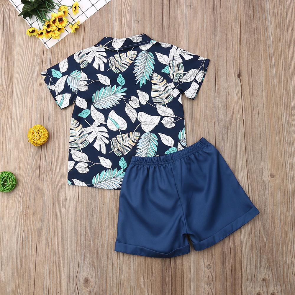 Boys Short Sleeve Bow Lapel Leaf Printed Shirt & Shorts wholesale kids boutique clothing