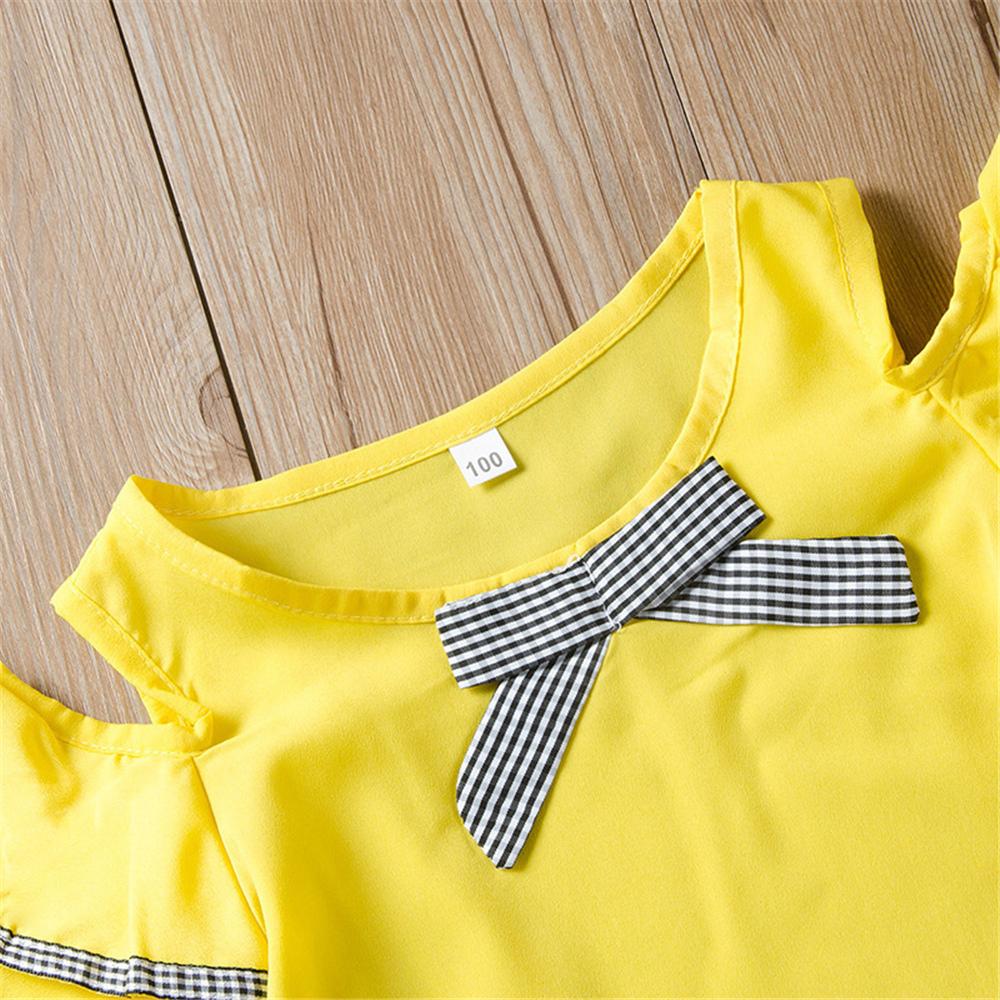 Girls Short Sleeve Bow Top & Plaid Shorts trendy kids wholesale clothing