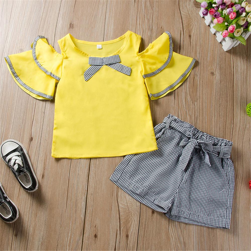 Girls Short Sleeve Bow Top & Plaid Shorts trendy kids wholesale clothing