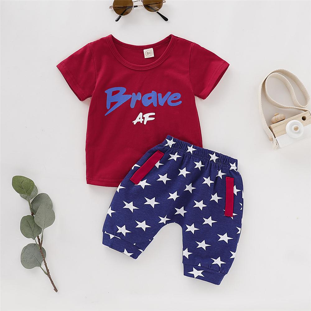Boys Short Sleeve Brave Printed T-shirt & Star Printed Shorts Boys Summer Outfits