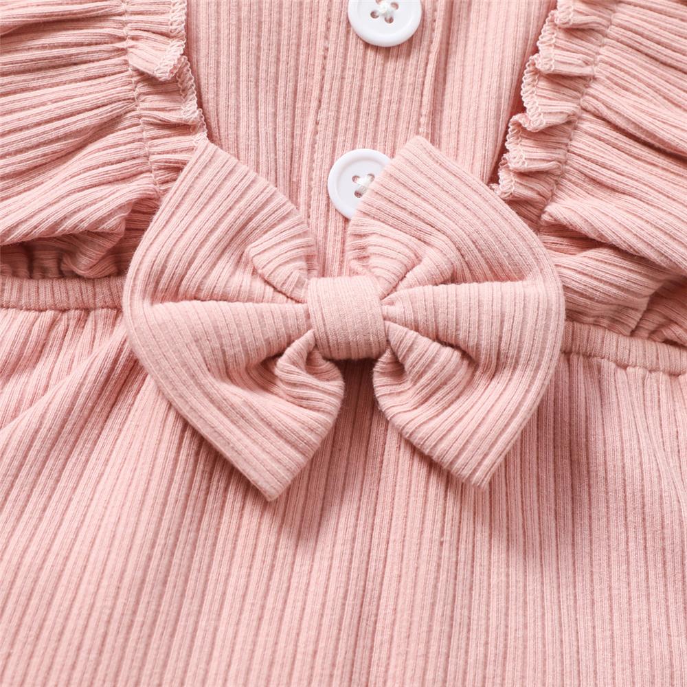 Baby Girls Short Sleeve Button Bow Decor Ruffled Solid Romper Baby Clothes Cheap Wholesale