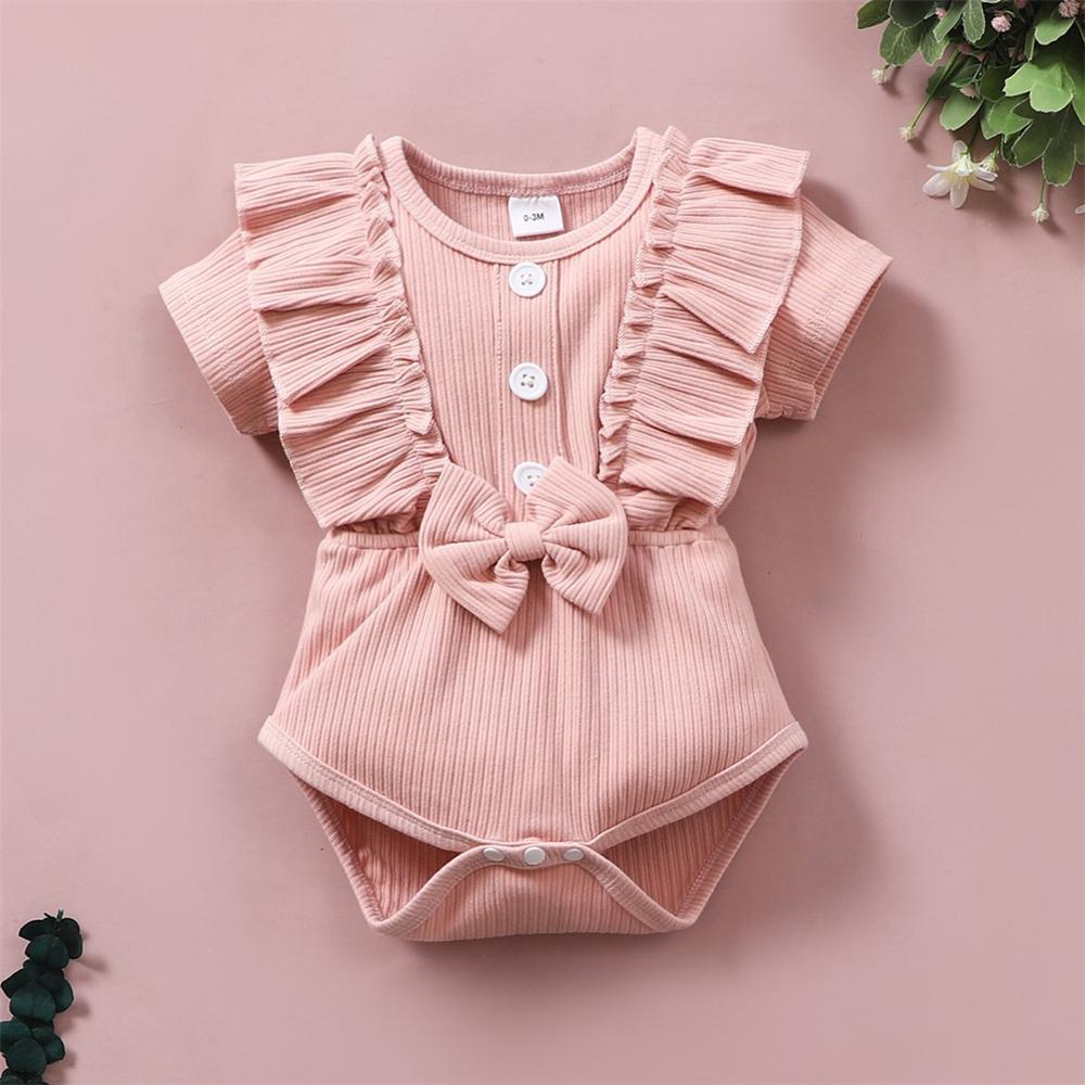 Baby Girls Short Sleeve Button Bow Decor Ruffled Solid Romper Baby Clothes Cheap Wholesale