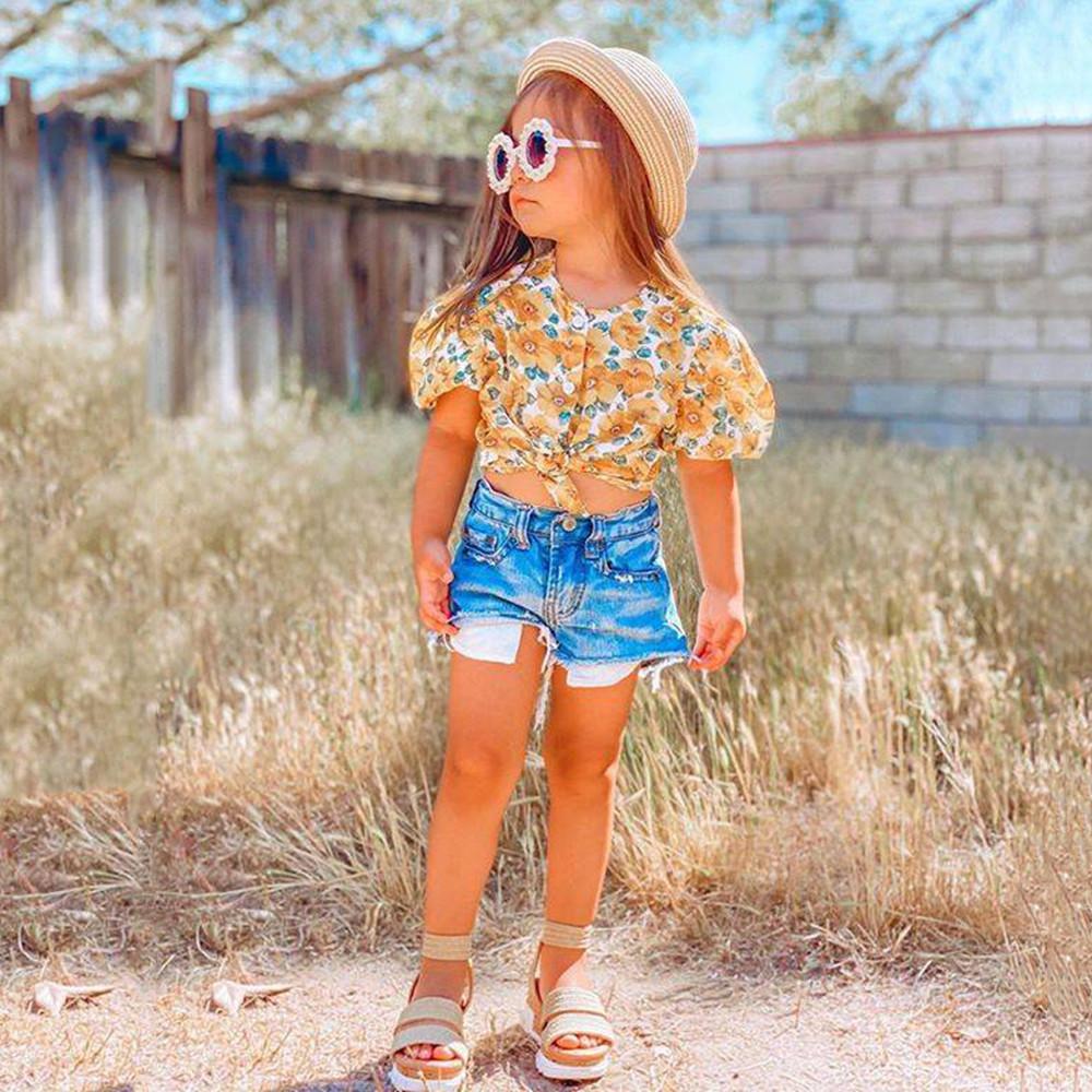 Girls Short Sleeve Button Floral Printed Top & Denim Shorts Girls Clothing Wholesale