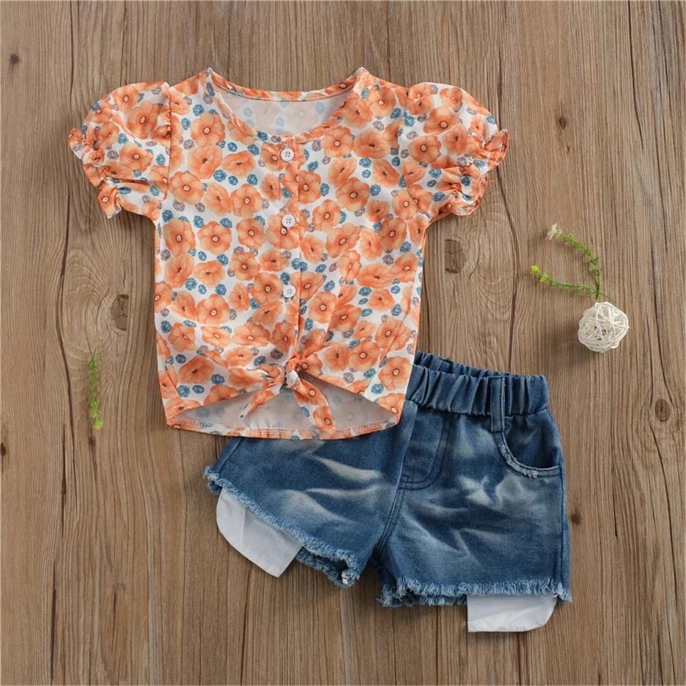 Girls Short Sleeve Button Floral Printed Top & Denim Shorts Girls Clothing Wholesale