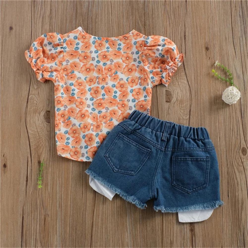 Girls Short Sleeve Button Floral Printed Top & Denim Shorts Girls Clothing Wholesale