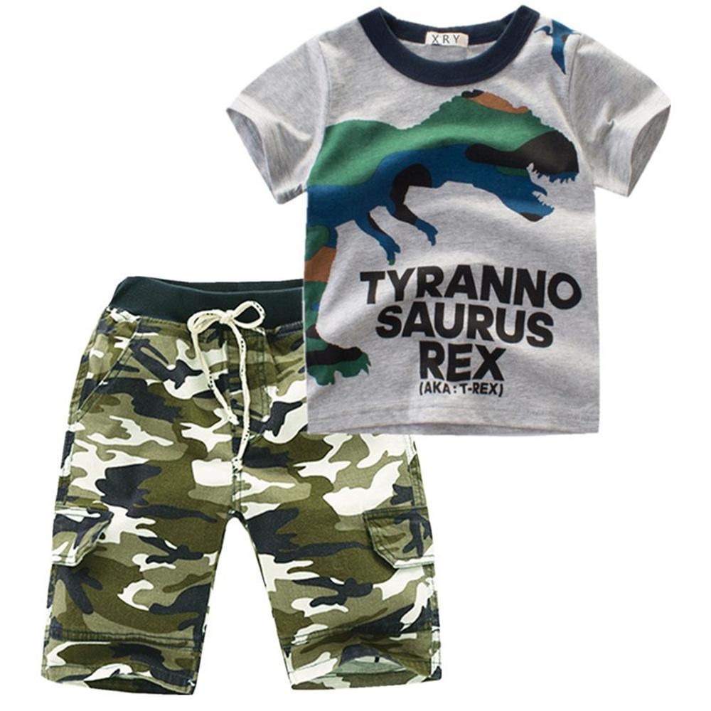 Boys Short Sleeve Camo Dinosaur Letter Printed Top & Shorts Baby Boy Dinosaur Clothes