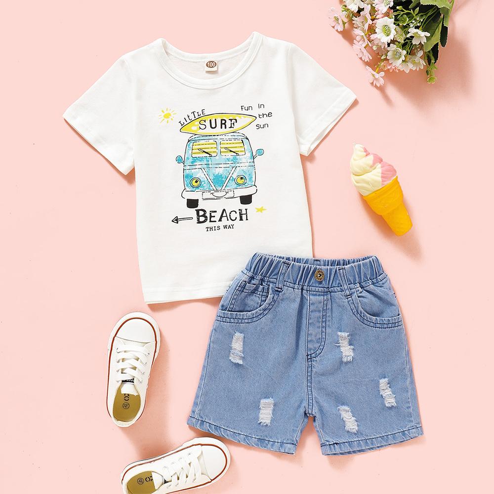Boys Short Sleeve Car Letter Printed Top & Shorts kids clothing wholesale