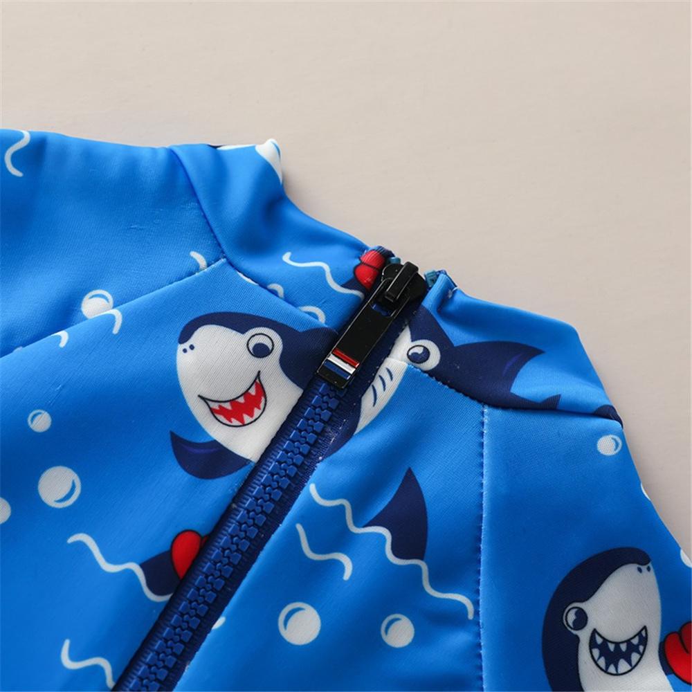 Baby Boys Short Sleeve Cartoon Ocean Shark Printed Blue Swimwear One Piece Swimwear Wholesale