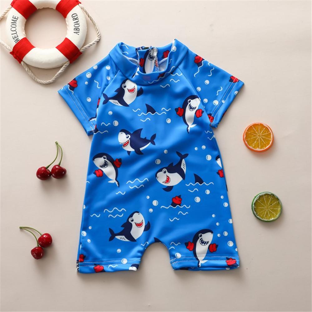 Baby Boys Short Sleeve Cartoon Ocean Shark Printed Blue Swimwear One Piece Swimwear Wholesale