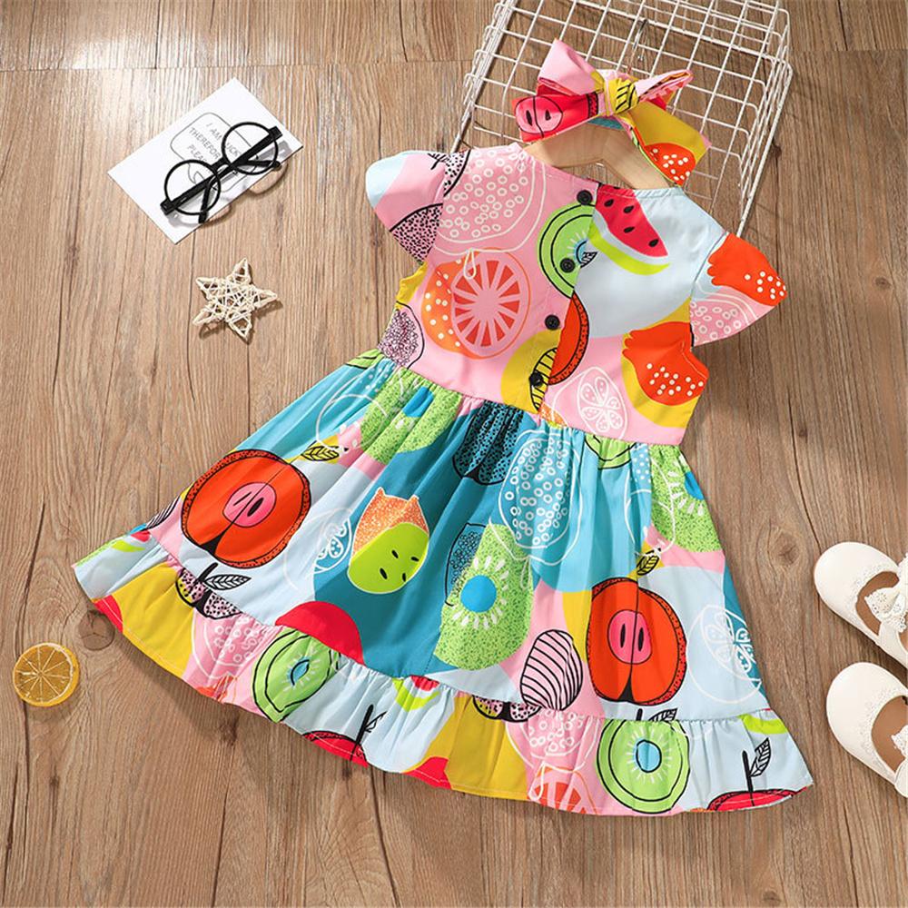 Girls Short Sleeve Cartoon Printed Dresses & Headband cheap baby clothes wholesale