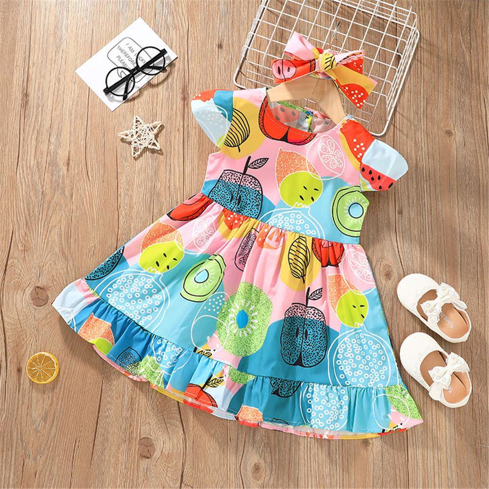 Girls Short Sleeve Cartoon Printed Dresses & Headband cheap baby clothes wholesale