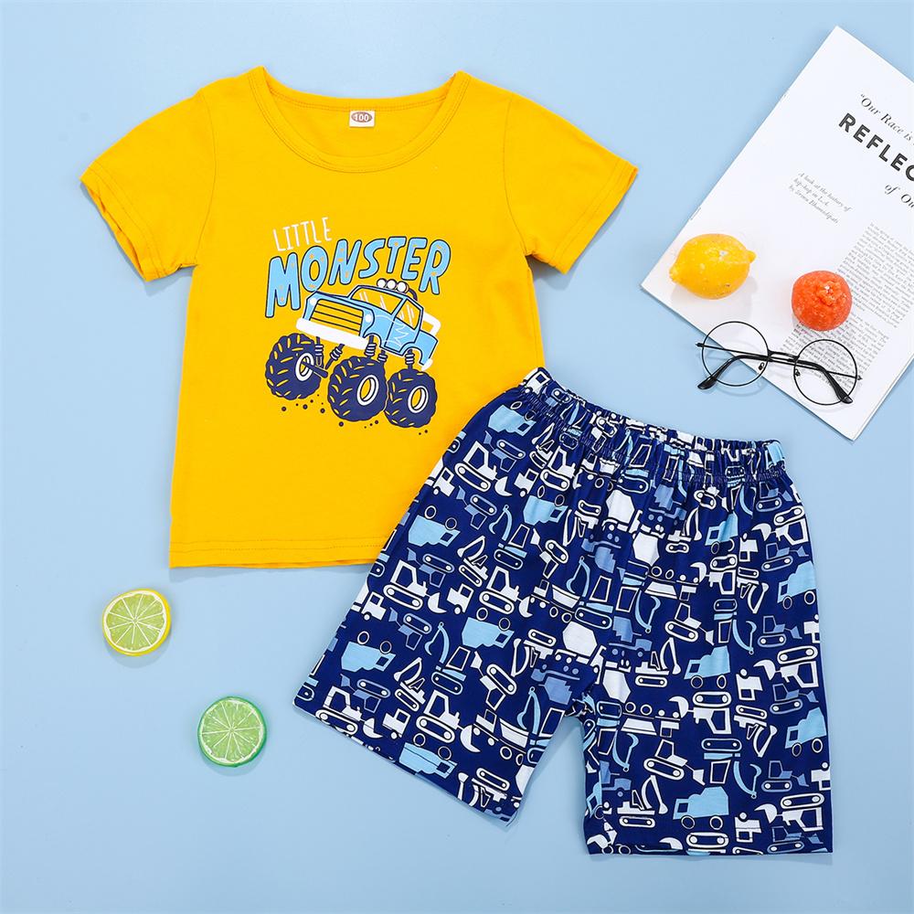 Boys Short Sleeve Cartoon Printed Letter Top & Shorts kids clothes wholesale