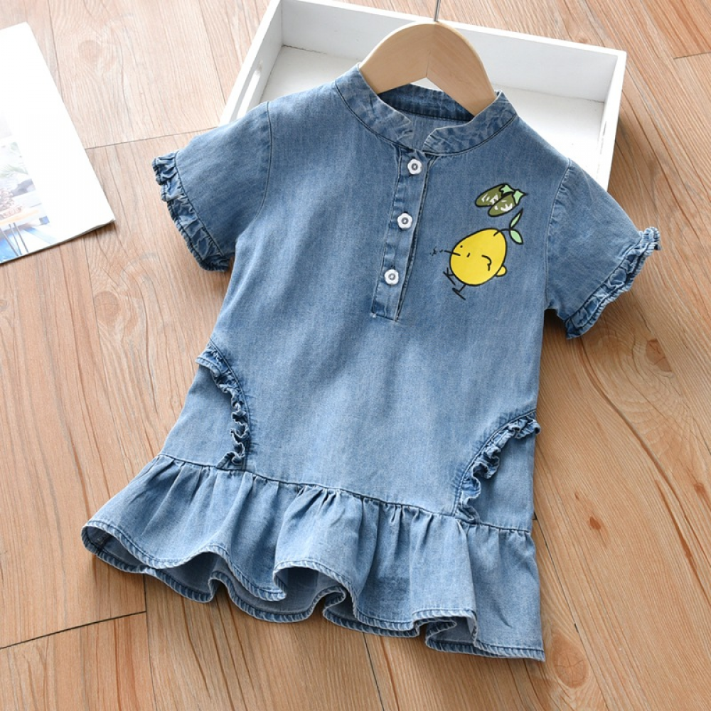 Girls Short Sleeve Cartoon Printed Ruffled Denim Dress children wholesale clothing