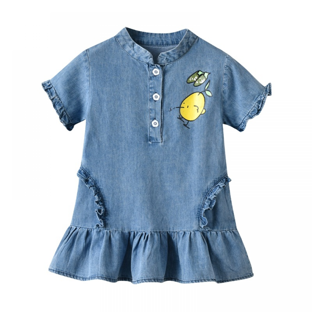 Girls Short Sleeve Cartoon Printed Ruffled Denim Dress children wholesale clothing