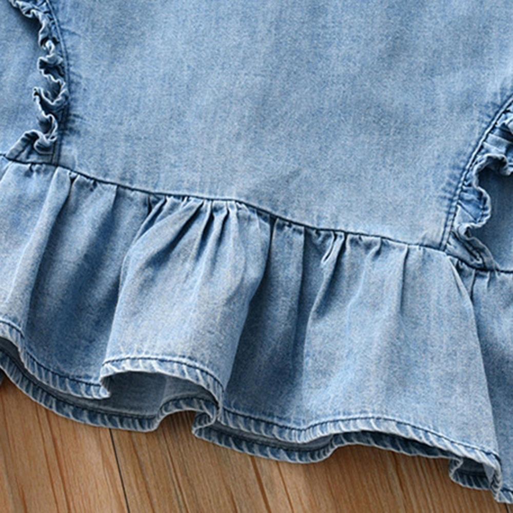 Girls Short Sleeve Cartoon Printed Ruffled Denim Dress children wholesale clothing