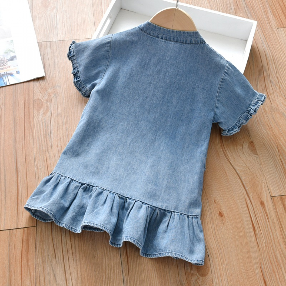 Girls Short Sleeve Cartoon Printed Ruffled Denim Dress children wholesale clothing