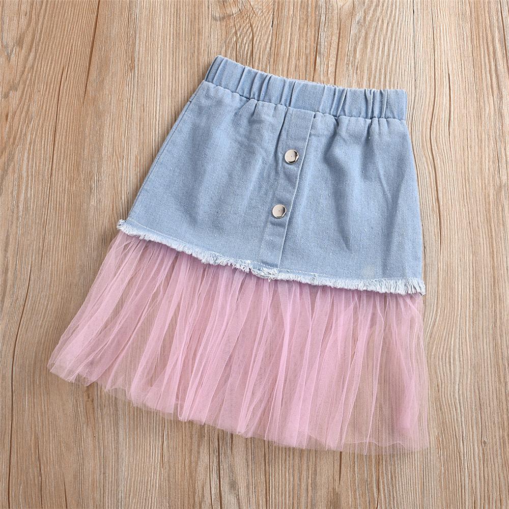 Girls Short Sleeve Cartoon Printed Top & Mesh Denim Skirt Trendy Kids Wholesale Clothing