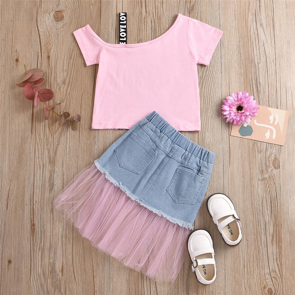 Girls Short Sleeve Cartoon Printed Top & Mesh Denim Skirt Trendy Kids Wholesale Clothing