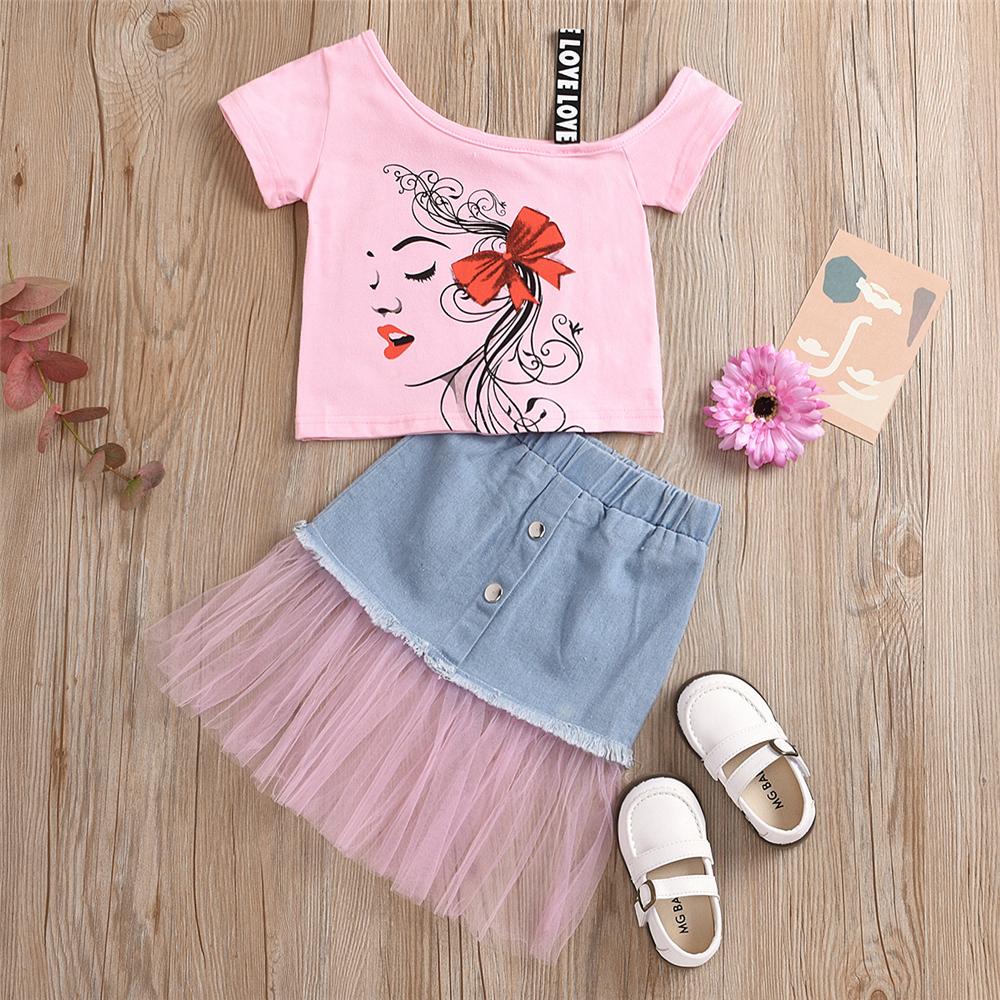 Girls Short Sleeve Cartoon Printed Top & Mesh Denim Skirt Trendy Kids Wholesale Clothing