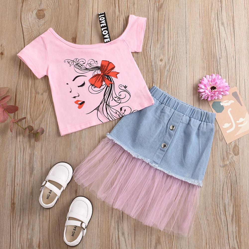 Girls Short Sleeve Cartoon Printed Top & Mesh Denim Skirt Trendy Kids Wholesale Clothing