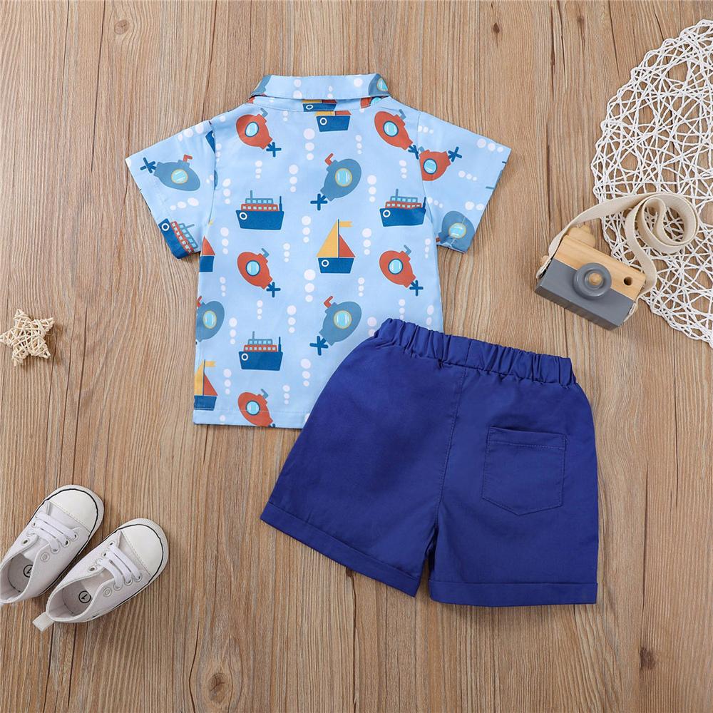 Boys Short Sleeve Cartoon Sailboat Printed Button Shirts & Solid Shorts wholesale childrens clothing online