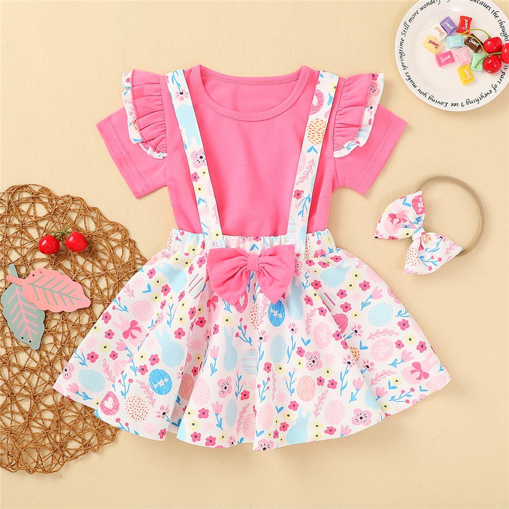Girls Short Sleeve Casual Ruffled Top & Floral Suspender Skirt & Headband Baby Girl Clothes Wholesale