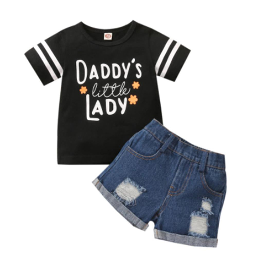 Girls Short Sleeve Daddys Little Lady Striped Top & Denim Shorts Wholesale Girls Clothes