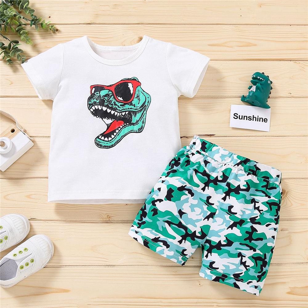 Boys Short Sleeve Dinosaur Printed Top & Camo Shorts children clothing vendors