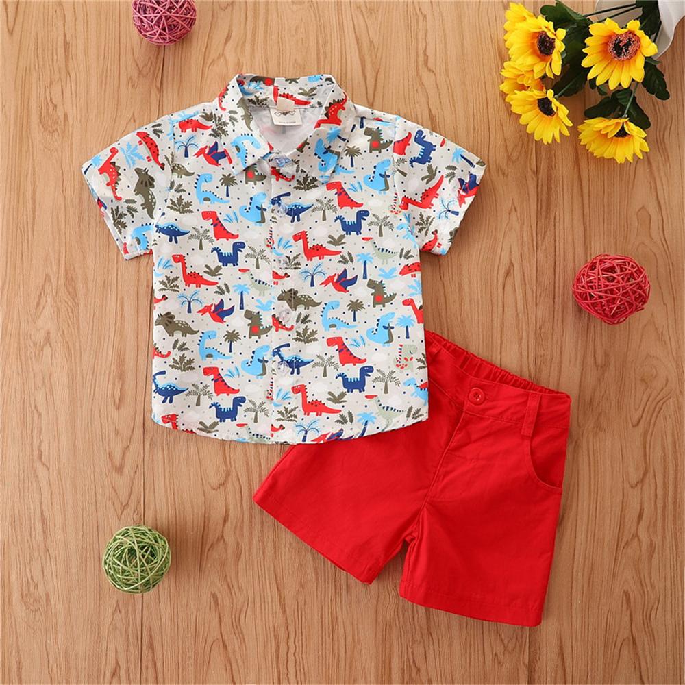 Boys Short Sleeve Dinosaur Printed Top & Red Shorts wholesale boys clothing