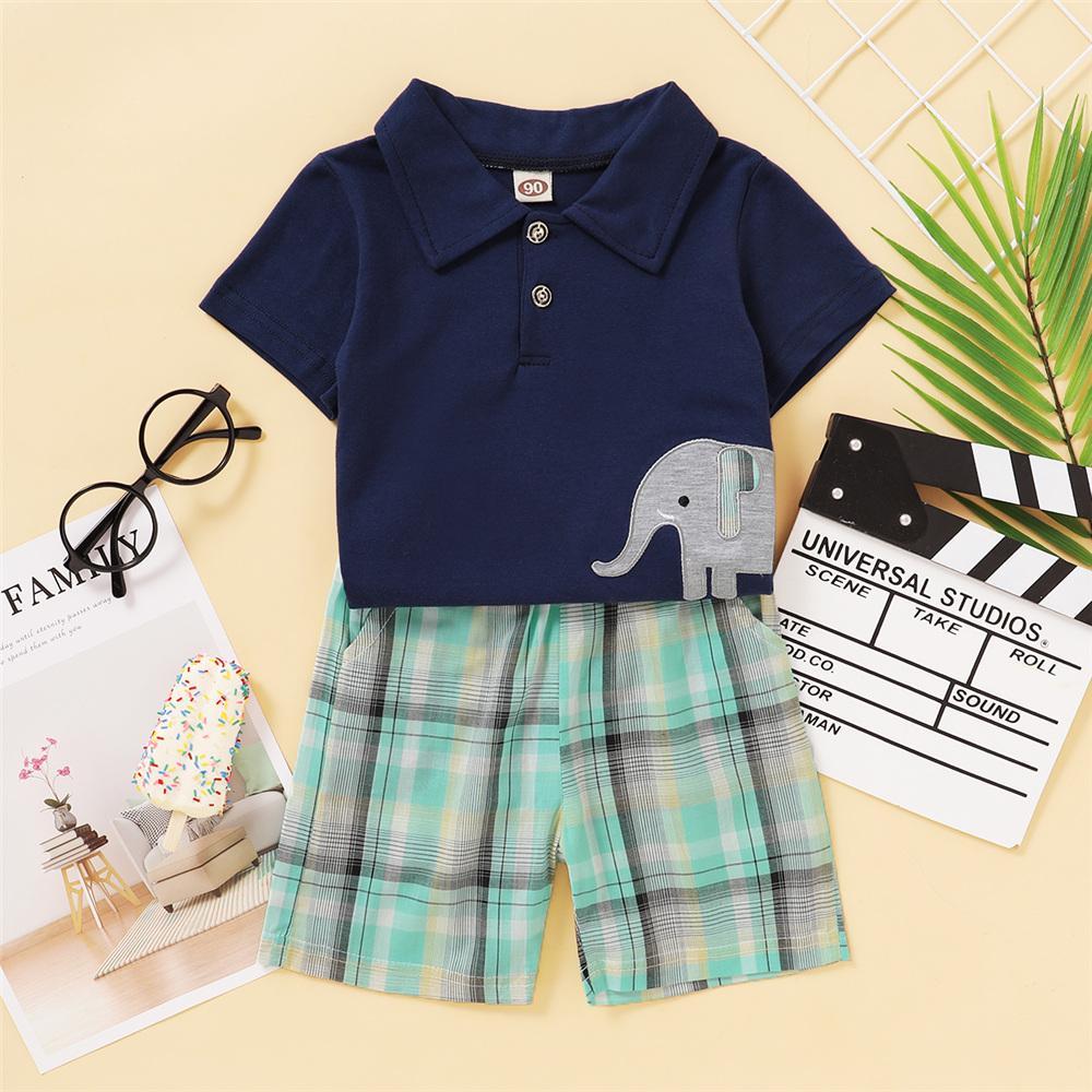 Boys Short Sleeve Elephant Top & Plaid Shorts British School Boy