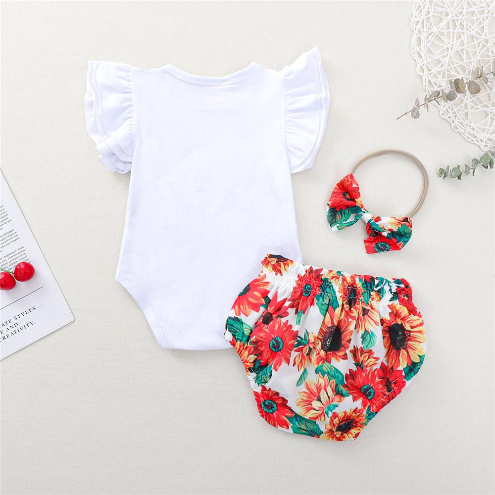 Baby Girls Short Sleeve First Birthday Printed Romper & Floral Shorts & Headband Wholesale Baby Clothes