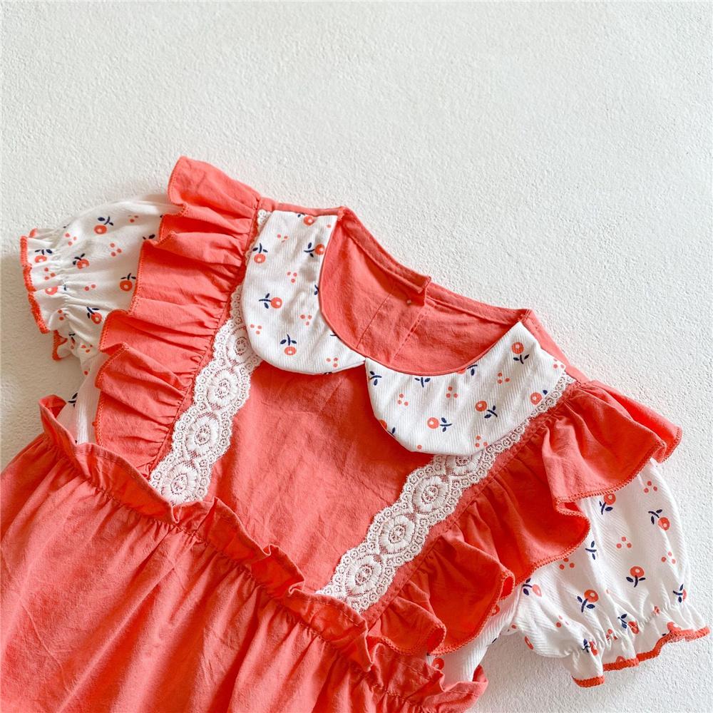 Baby Girls Short Sleeve Floral Doll Collar Lace Romper Wholesale Baby Girl Clothes