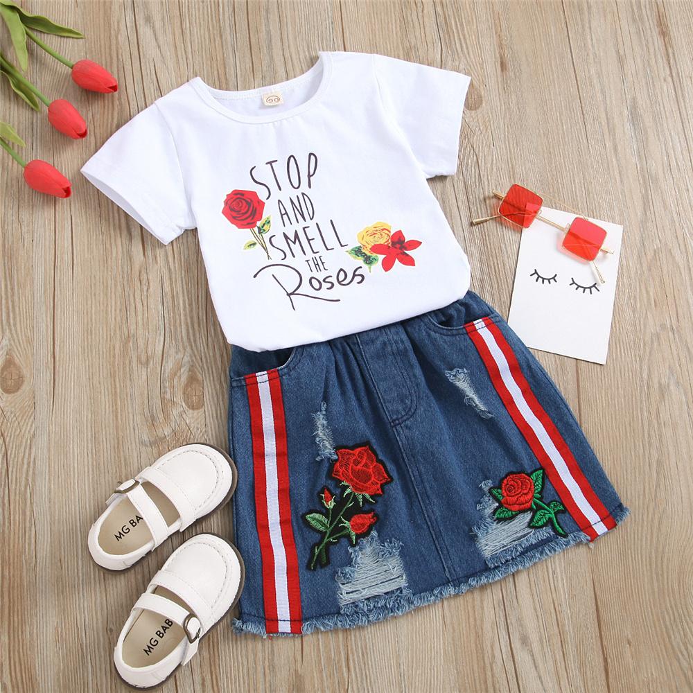 Girls Short Sleeve Floral Letter Printed Top & Denim Skirt trendy kids wholesale clothing