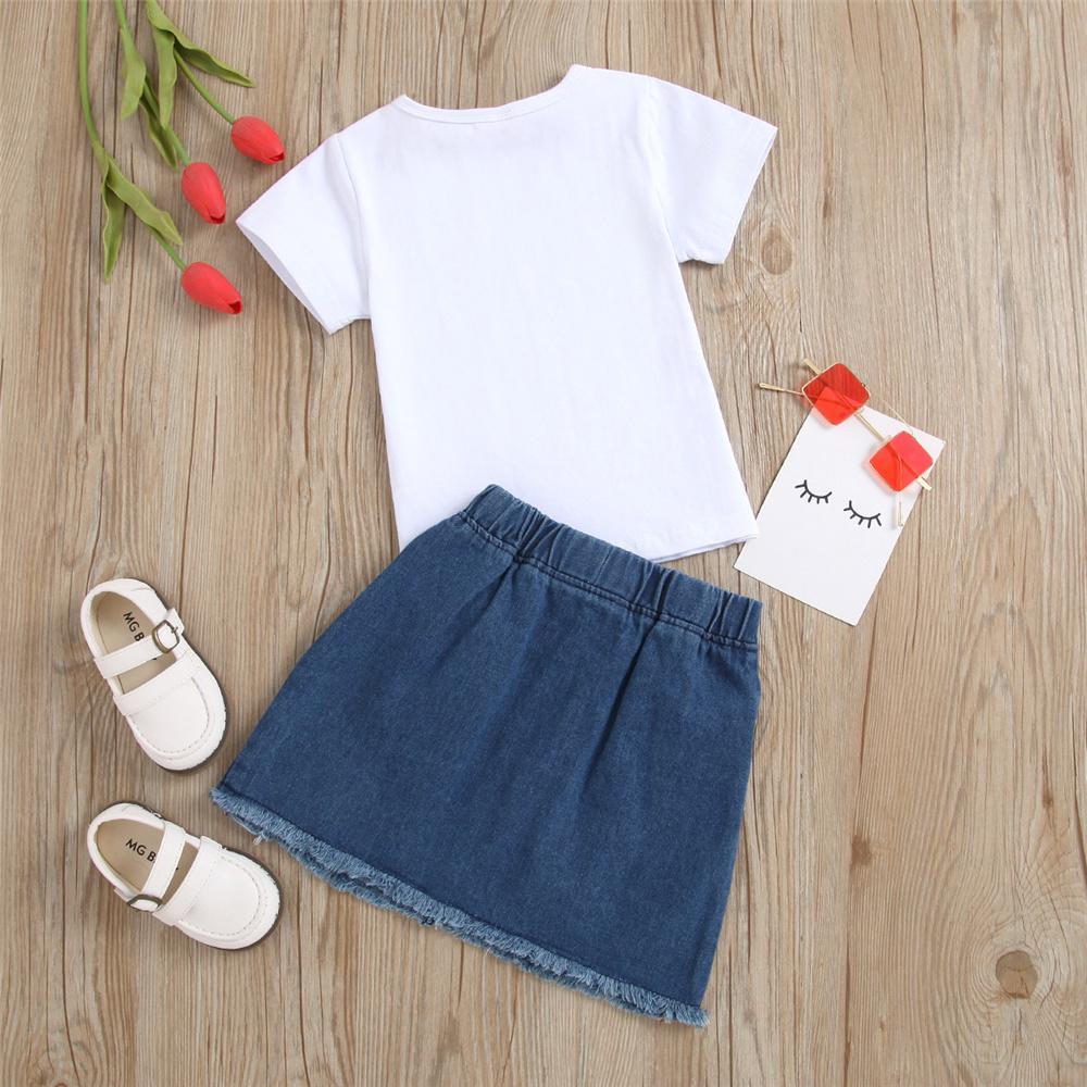 Girls Short Sleeve Floral Letter Printed Top & Denim Skirt trendy kids wholesale clothing