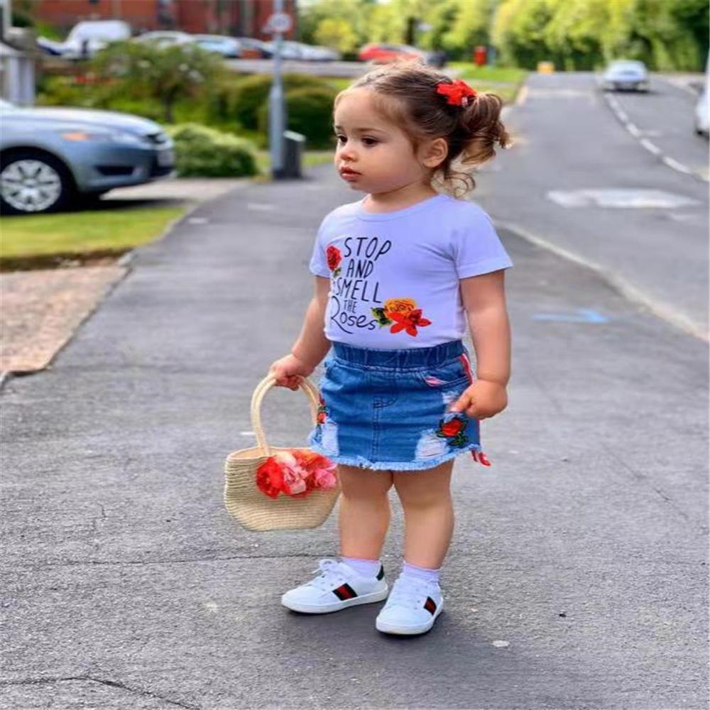 Girls Short Sleeve Floral Letter Printed Top & Denim Skirt trendy kids wholesale clothing